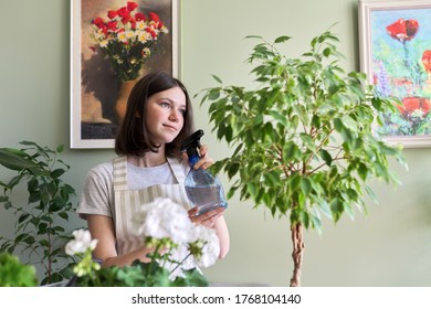 Gardening Of Apartment With House Plants, New Trend Urban Jungle, Teenage Girl Caring For Potted Plant, Benjamin's Ficus Tree