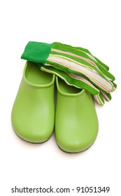 Gardening Clogs And Gloves Isolated On White