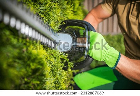 Gardening Equipment Theme. Powerful Cordless Electric Hedge Trimmer in Gardeners Hands. Trimming Thuja Trees.