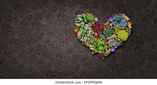 Gardening Hobby And Garden Love Landscaping Design Shaped As A Heart With A Flowerbed And Ornamental Plants In A Decorative Landscaped Horticulture Symbol For Outdoor Lifestyle With Copy Space.