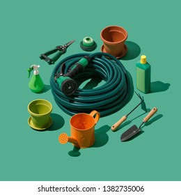 Gardening, Landscaping And Horticulture Isometric Tools Collection On Green Background