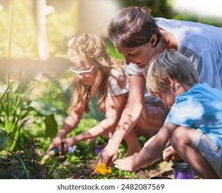 Gardening, mother and kids in backyard, nature and bonding together with hobby, playful and skills. Family, single parent and mama with children, plants or learning environment with landscape or soil - Powered by Shutterstock