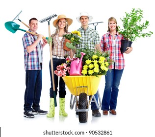 Gardening. People Workers With Flowers. Isolated Over White Background