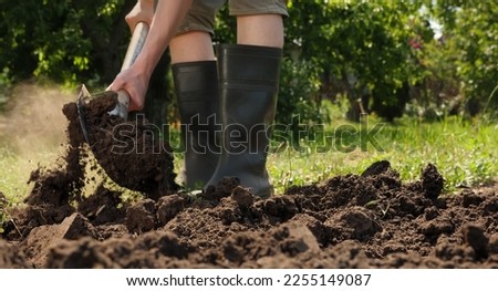 Gardening. Tillage. Dig. Planting. Man shoveling dirt shovel in ground. Farmer digging in garden spade soil shovel man farming garden working. Gardener digging soil preparation. Loosen, Horticulture
