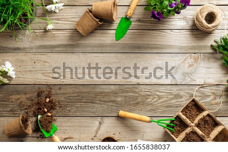 Gardening tools on wooden background. Spring garden works concept. Flat lay, top view