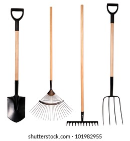 Gardening tools,  spade, fork and rake isolated on white background