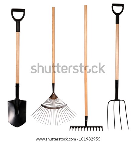 Gardening tools,  spade, fork and rake isolated on white background