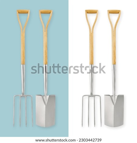Gardening tools. Stainless steel spade and digging fork with wooden handle, vegetable garden work. Planting Equipment, spring time concept. Top view isolated on white and light blue background 