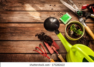 Gardening tools, watering can, seeds, plants and soil on vintage wooden table. Spring in the garden concept background with free text space.