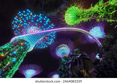 The Gardens By The Bay illuminated light show at dusk and elevated walk footpath, at 8pm every night the metal trees come to life with a colourful light show to music, Singapore, 04-24-2023  - Powered by Shutterstock