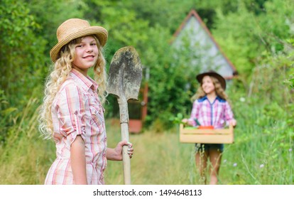 Gardens Great Place Cultivate Meaningful And Fun Learning Experience For Children. Gardening Basics. Gardening Teaching Life Cycle Process. Kids Girls With Tools For Gardening. Summer At Countryside.