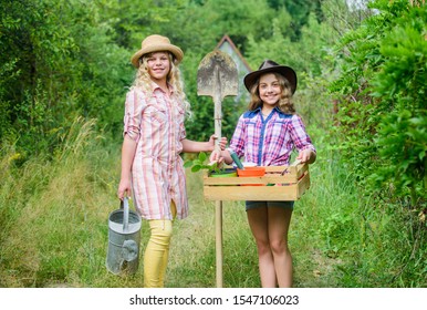 Gardens Great Place Cultivate Meaningful And Fun Learning Experience For Children. Kids Girls With Tools For Gardening. Summer At Countryside. Gardening Basics. Gardening Teaching Life Cycle Process.