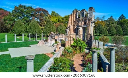 Gardens next to old ruins in park of Indianapolis, Indiana