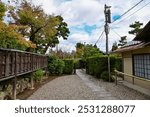 The gardern view of Nonomiya Shrine, Kyoto, Japan at autumn. A Shinto shrine in the Arashiyama district, close to its bamboo forest. Nature and travel concept. 