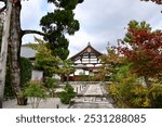 The gardern view of Nonomiya Shrine, Kyoto, Japan at autumn. A Shinto shrine in the Arashiyama district, close to its bamboo forest. Nature and travel concept. 