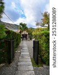 The gardern view of Nonomiya Shrine, Kyoto, Japan at autumn. A Shinto shrine in the Arashiyama district, close to its bamboo forest. Nature and travel concept. 