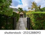 The gardern view of Nonomiya Shrine, Kyoto, Japan at autumn. A Shinto shrine in the Arashiyama district, close to its bamboo forest. Nature and travel concept. 