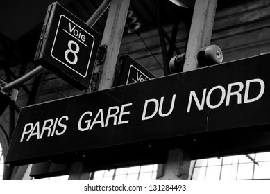 Gare Du Nord Train Station Sign In Paris, France.