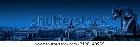 Gargoyle (chimera) of Notre Dame de Paris on Halloween, France. Fantasy panoramic view of spooky Paris, skyline at gothic night. Panorama of dark haunted city, banner with scary scene for background.