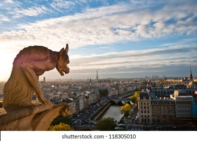 Gargoyle overlooking Paris up on Notre Dame de Paris