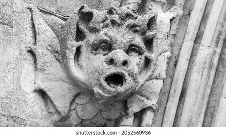 Gargoyle of Salisbury Cathedral, architecture detail, stone work in black and white tone, black and white high contrast photography autumn season 2021