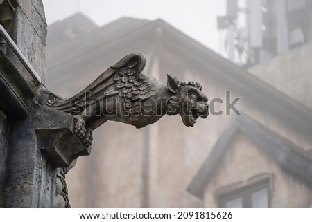 Gargoyle statue, chimeras, in the form of a medieval winged monster, from the royal castle in Bana hill, tourism site in Da Nang, Vietnam. Gothic old vintage gargoyle in a french village near Danang