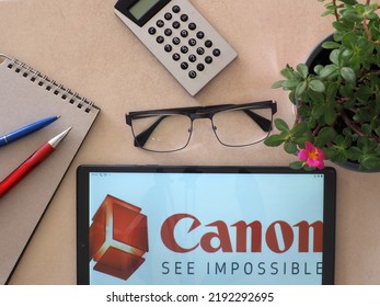 Garham, Bavaria, Germany - August 21, 2022: In This Photo Illustration, Canon Inc. Logo Seen Displayed On A Tablet