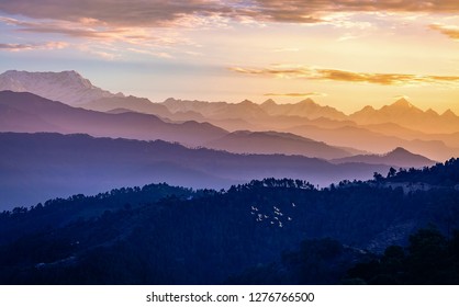 Garhwal Himalaya Mountain Range At Sunrise As Seen From Kausani Uttarakhand India