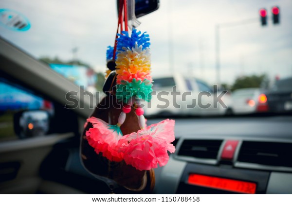 Garland Car Mirror, Artificial flowers, Decorate\
in car (Soft focus and\
blurred)