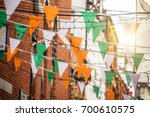 Garland with irish flag colors in a street of Dublin, Ireland - Saint Patrick day celebration concept