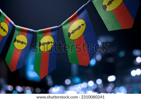 A garland of New Caledonia national flags on an abstract blurred background.