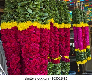 Garlands For Sale Hanging At A Market Stall, Chennai, Tamil Nadu, India