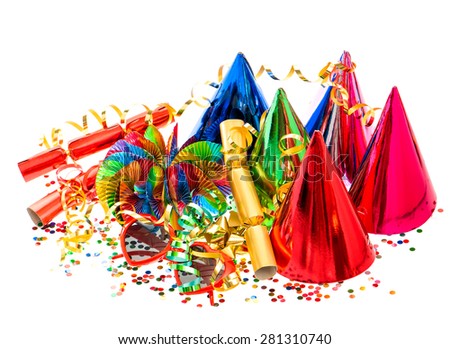 Garlands, streamer, party hats and confetti. Festive decorations and items background