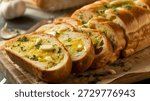 Garlic Bread: baked, crispy, rustic, wooden platter, cheese, garlic bread, tasty, toasted, herbs, parsley, italian kitchen, savory, appetizer, side dish, bread, food, fresh, best, tasty, top