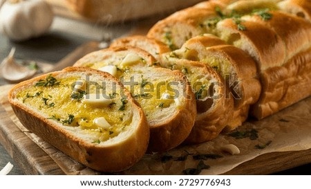 Garlic Bread: baked, crispy, rustic, wooden platter, cheese, garlic bread, tasty, toasted, herbs, parsley, italian kitchen, savory, appetizer, side dish, bread, food, fresh, best, tasty, top
