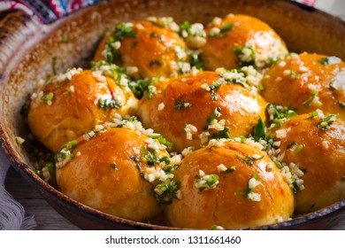 Garlic Bread, Buns. Bread Rolls With Garlic And Parsley. Horizontal