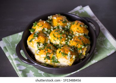 Garlic Bread, Buns. Bread Rolls With Garlic And Parsley. Overhead, Vertical