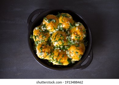 Garlic Bread, Buns. Bread Rolls With Garlic And Parsley. Overhead, Horizontal Photo