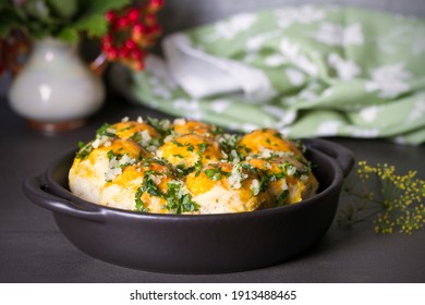 Garlic Bread, Buns. Bread Rolls With Garlic And Parsley. Horizontal Photo