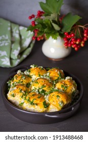 Garlic Bread, Buns. Bread Rolls With Garlic And Parsley. Vertical Photo