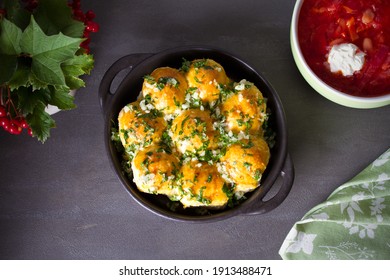 Garlic Bread, Buns. Bread Rolls With Garlic And Parsley And Soup Borscht. Overhead, Horizontal Photo