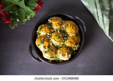 Garlic Bread, Buns. Bread Rolls With Garlic And Parsley. Overhead, Horizontal Photo