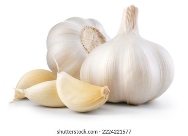 Garlic bulb and clove isolated. Garlic bulbs with cloves on white background. White garlic bulb composition. With clipping path. Full depth of field.