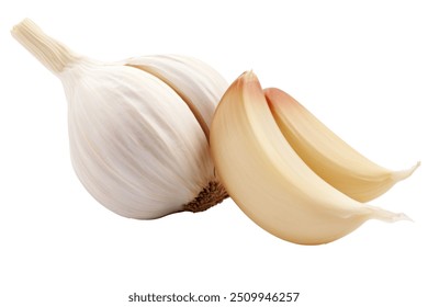 Garlic bulb and clove isolated. Garlic bulbs with cloves on white background. White garlic bulb composition. With clipping path. Full depth of field.