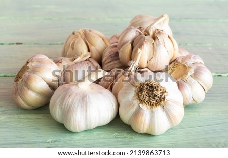 Garlic bulbs ( Allium sativum L.) on old wooden background. Garlic prevents and treats colds.