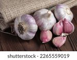 Garlic cloves on wooden table and sackcloth. Fresh peeled garlics and bulbs