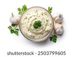 Garlic dip isolated on white background, top view