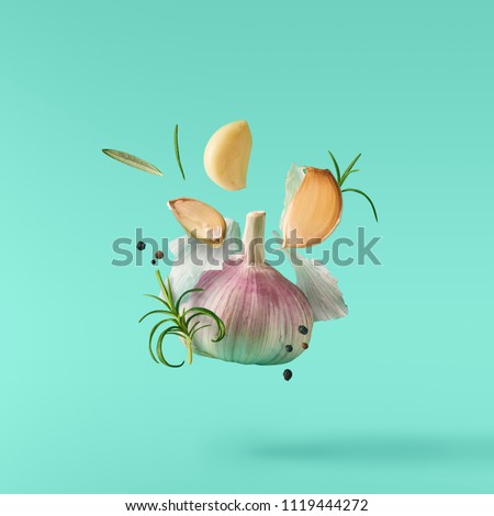 Garlic falling in air with pepper and herbs like rosemary on turquoise background. Spicy food concept