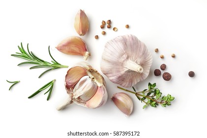 garlic and herbs isolated on white background, top view