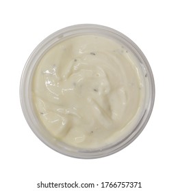 Garlic Mayonnaise Dip Sauce In Plastic Tub Isolated On White Background. Top View